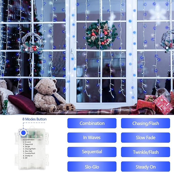 2 Pack Christmas String Lights Battery Operated with Timer, 66FT 200 LED Waterproof Battery Twinkle Lights, 8 Modes Fairy Light for Indoor & Outdoor Party Bedroom Christmas Decorations (Blue & White)