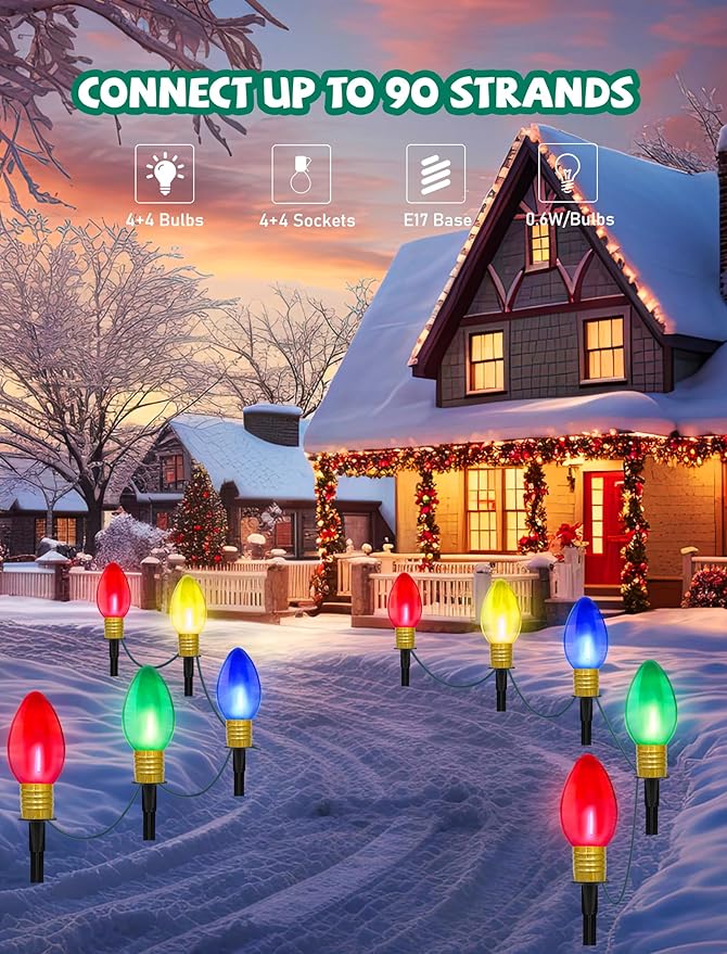 Jumbo C9 Christmas Pathway Lights Outdoor,14FT 8 LED C9 Jumbo Multicolor Christmas Walkway Lights, Connectable Outdoor Decorations Stakes Light for Outside Lawn Yard Garden Sidewalk Driveway