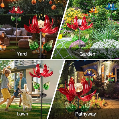 Solar Lights Outdoor Garden Decor, Solar Wind Spinner Yard Decorations Gifts for Outside, Lotus Windmill Pathway with LED Cracked Crystal Ball Waterproof Flower Sculpture for Patio Lawn