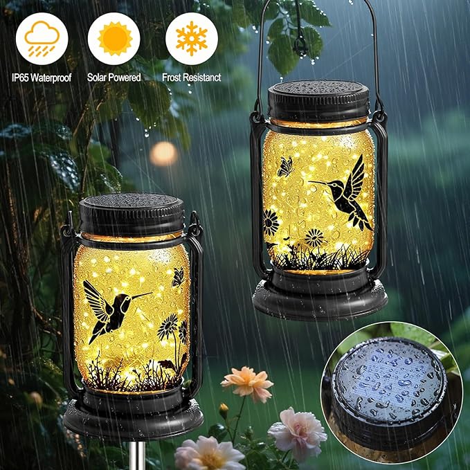 ANGMLN Hummingbird Solar Lanterns Outdoor Waterproof -Gifts for Women Mom Grandma Birthday, Mothers Day, Mason Jar Hanging Lights for Patio, Yard, Porch, Balcony, Garden Decor