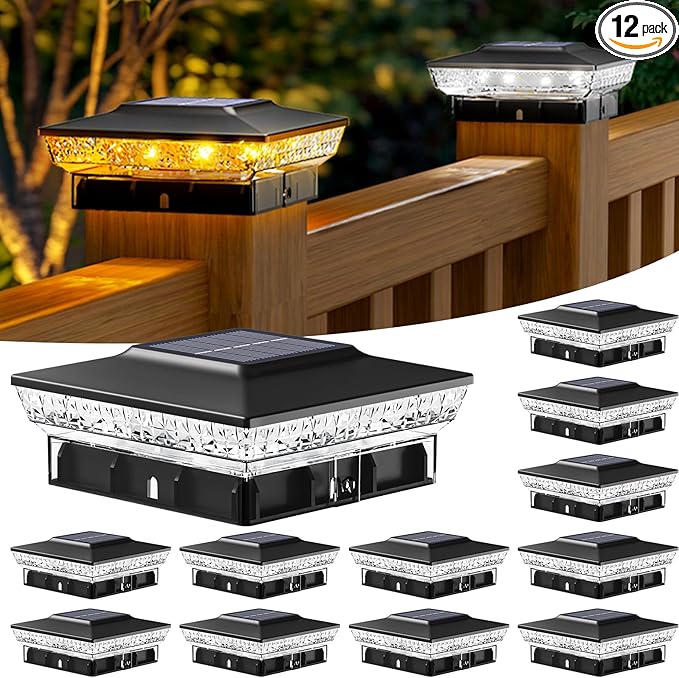 12-Pack Black Yard Post Cap Lights, Solar LED