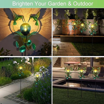 Solar Lights Outdoor Metal Garden Stake Waterproof Crackle Glass Globe Garden Decor Green Hummingbird for Pathway, Lawn, Patio, Yard
