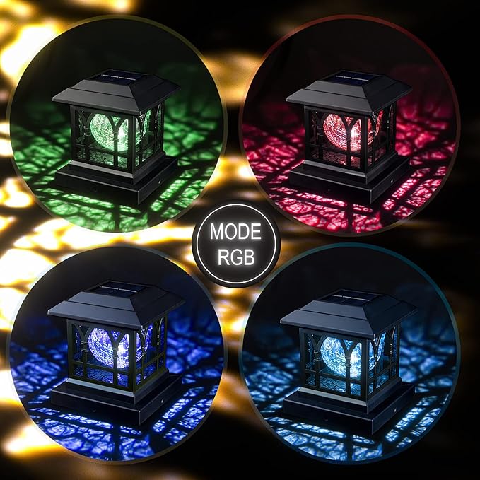 Solar Post Cap Lights, Warm White & RGB Automatic Cycling, Cracked Glass Bulb, 20 Lumens lP65 Waterproof Fit 3.6x3.6 4x4 4.5x4.5 5x5 Wood Fence Post Solar Powered Lights Black (6 Pack)