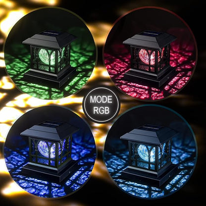 Solar Post Cap Lights, Warm White & RGB Automatic Cycling, Cracked Glass Bulb, 20 Lumens lP65 Waterproof Fit 3.6x3.6 4x4 4.5x4.5 5x5 Wood Fence Post Solar Powered Lights Black (6 Pack)