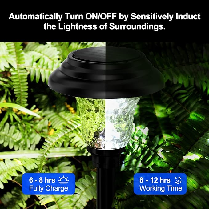 Glass Solar Lights Outdoor waterproof, 8 Pack Super Bright Solar Pathway Lights, Up to 12 Hrs Long Last Auto On/Off Garden Lights Solar Powered, Stainless Steel LED Light For Yard Landscape Cool White