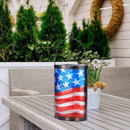 Afirst Solar Lantern Outdoor Hanging Glass Solar American Flag Lights Waterproof Led Lamp for Garden Yard Tree Desk Decor