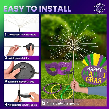 6 Pack Mardi Gras Solar Lights Outdoor, Solar Garden Lights Outside Fairy Firework Decorative,Solar Powered for Mardi Gras,Yard Pathway Party Balcony Patio Decor (Purple, Green, Yellow)