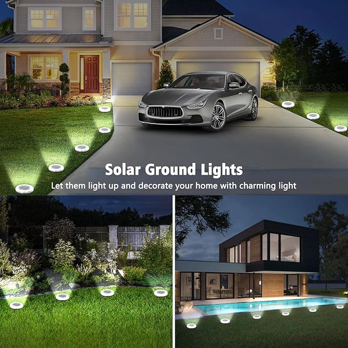 8 Pack Solar Ground Lights Outdoor Waterproof, 8 LED Solar Disc Lights, IP65 Waterproof Long Lasting Flat Light for Garden Pathway Walkway (Cool White)