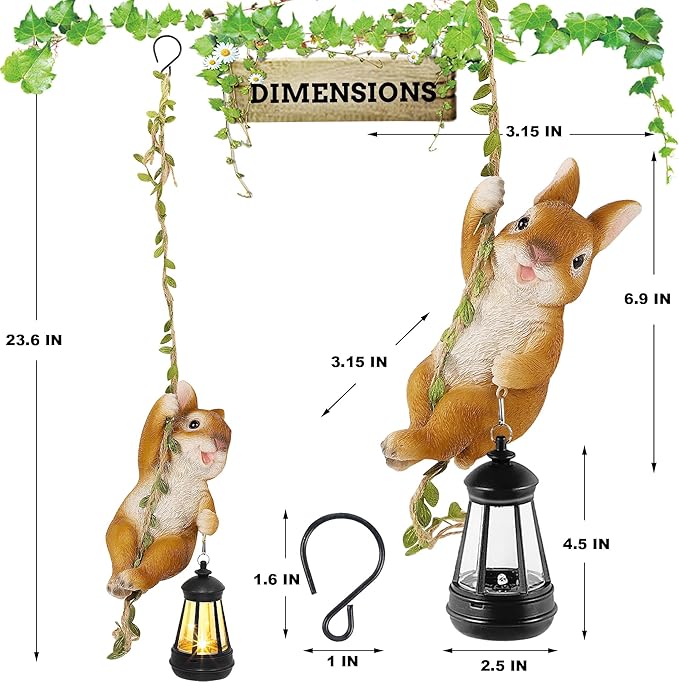 Easter Yard Décor, Solar Hanging Bunny Rabbit Statue, Outdoor Resin Animal Figurine with LED Lights for Garden, Fence, Porch, Patio, Yard Decor, Dusk to Dawn Auto On/Off