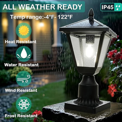 Solar Post Lamp Lights, Metal and Glass Built Dusk to Dawn Solar Post Lights with Pier Mount Base, 6000K Outside Lights Outdoor Waterproof for Garden Yard Pole Pillar(Cool White)