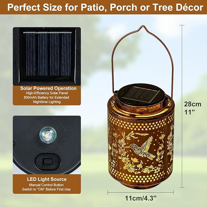 2 Pack Hummingbird Solar Lanterns, Birthday Gifts for Women Mom Grandma, Outdoor Waterproof Hanging Garden Decor for Patio, Yard