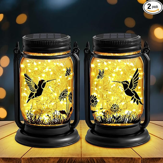 2 Pack Hummingbird Solar Lanterns Outdoor Waterproof -Gifts for Women Mom Grandma Birthday, Mothers Day, Mason Jar Hanging Lights for Patio, Yard, Porch, Balcony, Durable Garden Decor