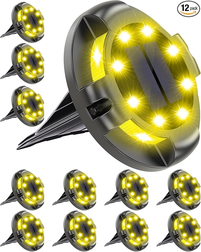 12-Pack Warm White In-Ground Solar Lights, Flat LED Garden
