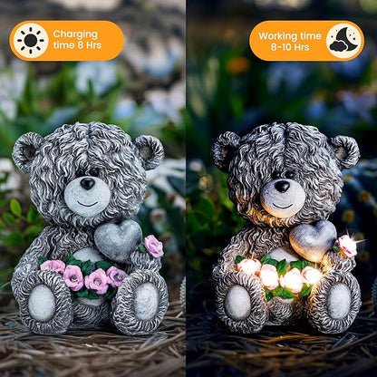 Solar Garden Outdoor Statues Bear with Heart and Pink Flower and 5 LED Lights-Lawn Decor Bear Statue for Patio, Balcony, Yard Ornament-Unique Housewarming Gifts for Mom, Women