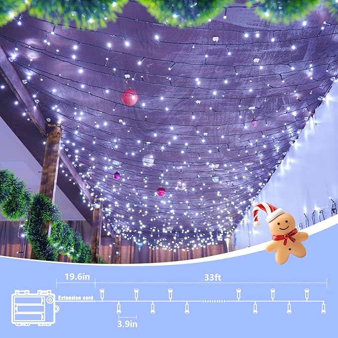 QITONG 2 Pack White Battery Operated String Lights, Each 33ft 100 LED Christmas Lights Outdoor with Remote, Green Wire Twinkle Lights Indoor