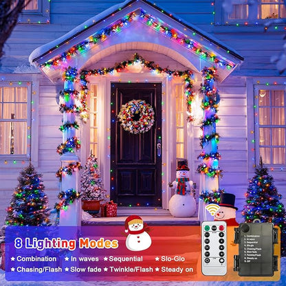 JMEXSUSS 2 Pack Battery Christmas Lights with Remote, Each 33 FT 100 LED Multicolor Christmas Tree Lights Indoor Outdoor Waterproof for Garden Porch Yard Decor