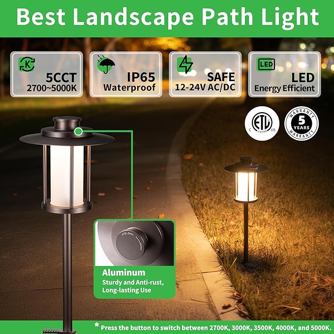 Low Voltage Landscape Path Light, Warm & Cool White Selectable Pathway Lights Wired, 12v Walkway Lamp IP65 Waterproof, LED Oil-Rubbed-Bronze Aluminum 150LM for Outside Patio Yard (4 Pack)