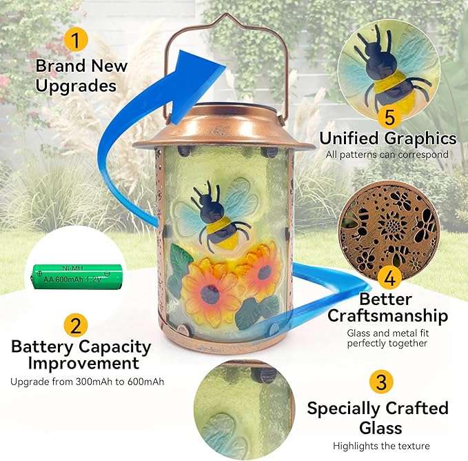 10" H Bee Solar Lanterns Outdoor, Metal Glass Hanging Solar Lanterns with Hollow Out Retro Bee Lights, Decorative for Garden Yard Patio Pathway Tabletop Gifts