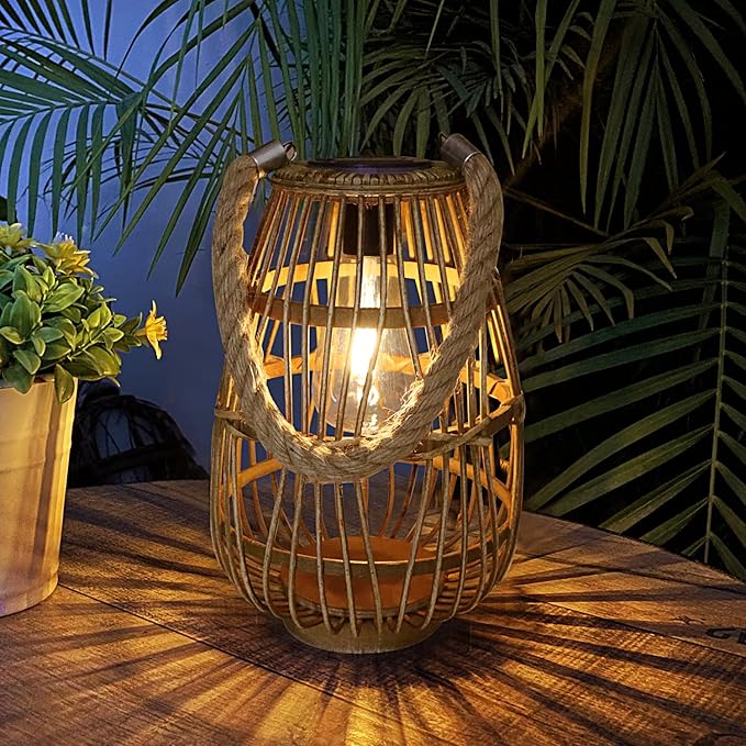 Natural Rattan Solar Lantern with Handle - Large Waterproof LED Decorative Garden Lights, Bright Rattan Solar Table Lamp for Yard, Patio, Wedding, Home Decoration