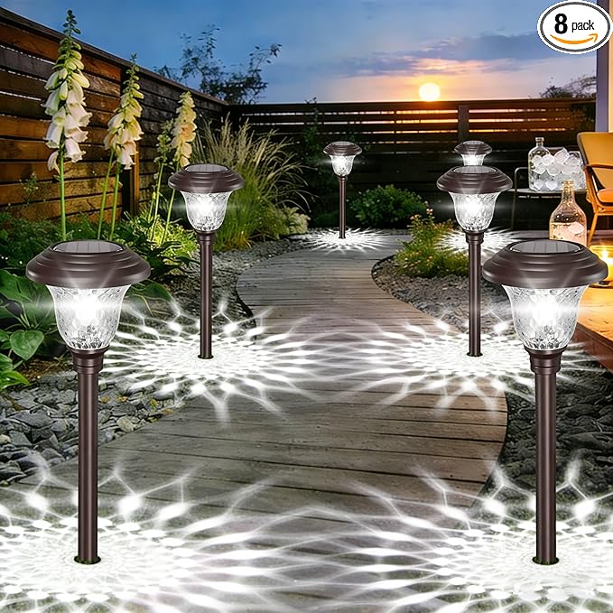 BEAU JARDIN 8 Pack Solar Pathway Lights White+Color Changing Stainless Steel 3 Mode Outdoor Multicolor Metal Solar Powered Waterproof Glass for Garden Landscape Path Yard Walkway Driveway Bronze