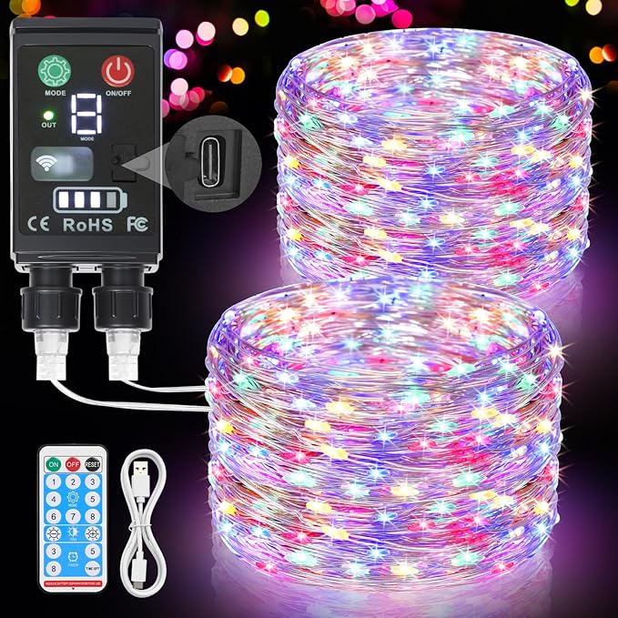 Lakumu 2-in-1 Rechargeable Fairy Lights Battery Operated, 132FT(2×66) Twinkle Lights with Remote & Timer, 400 LED String Lights for Bedroom Waterproof Outdoor Camping, Christmas Decorations Multicolor