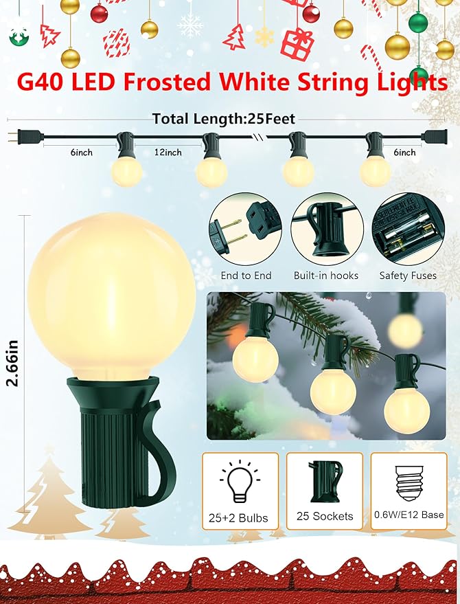 40 LED Christmas Twinkle Lights, 25ft Waterproof for Yard