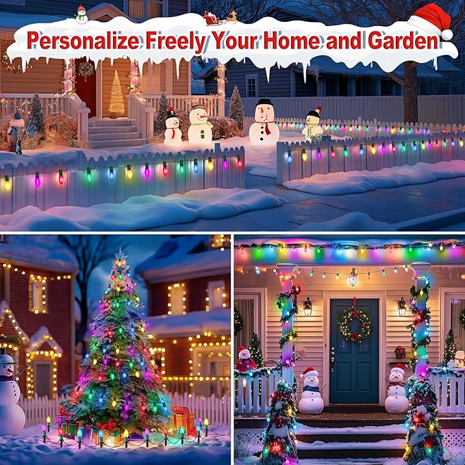 60Ft C9 Led Christmas Pathway Lights Outdoor, 40 Multicolor Bulbs Waterproof Connectable Extra Long Christmas Walkway Lights for Large Driveway, Yard, Lawn