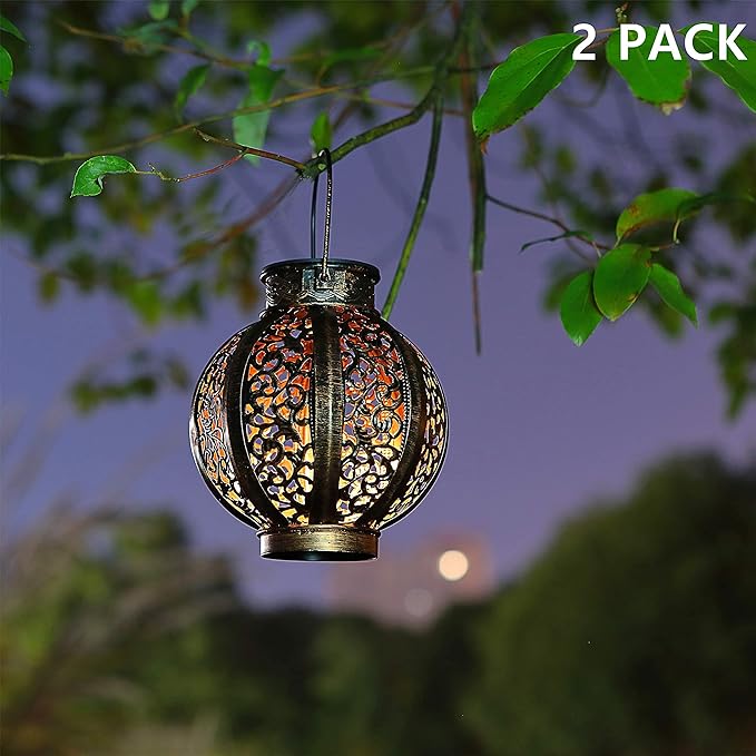 MAGGIFT 2 Pack Hanging Solar Lanterns Outdoor - Vintage Solar Powered Lantern for Outside - Waterproof Solar Lights for Yard Decor 6 Lumens, Copper
