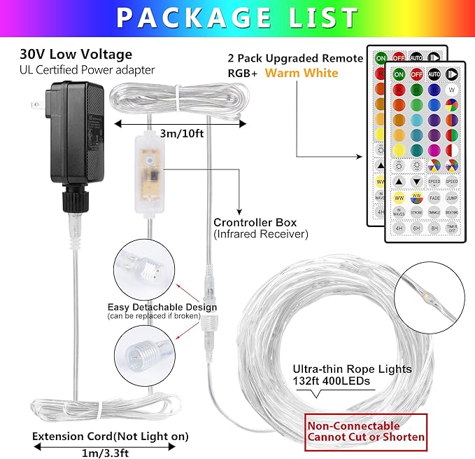 OMIKA 132FT 400LED Rope Lights Outdoor String Light, 24 RGB Colors + Warm White Waterproof Starry Fairy Lights Plug in for Indoor Home Bedroom, Outside Patio Garden Pastel Easter Party Decororations