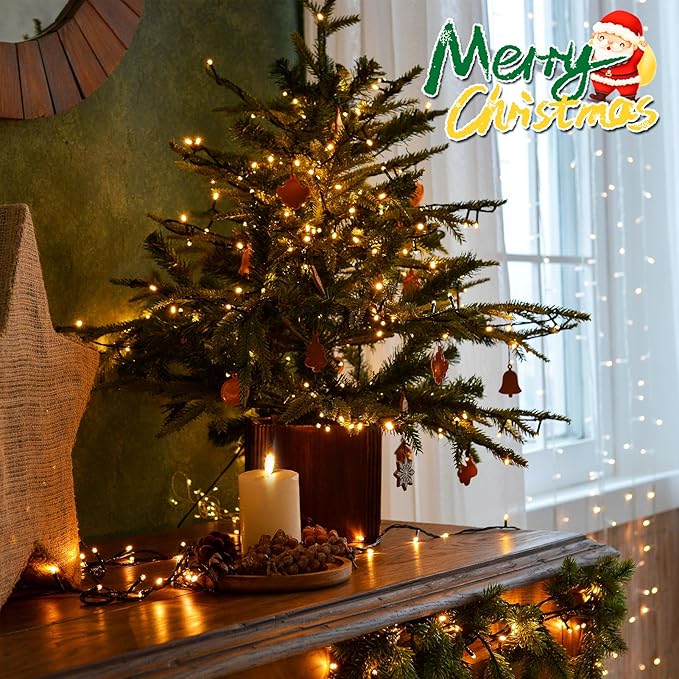 4 Pack- Battery Operated Outdoor Tree String Lights with 50 Warm White LEDs on 16.5ft/5m of Dark Green Cable,Outdoor Battery Xmas Wreath Lights with Timer for Christmas Yard Holiday Decoration