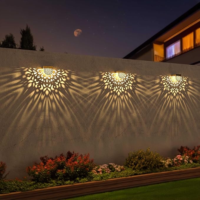 Solar Fence Lights 6 Pack Solar Step Lights Outdoor Waterproof LED Solar Powered Wall Lights Outdoor Decorations Warm Yellow Light Decorative Lighting for, Front Door, Backyard (Gold)