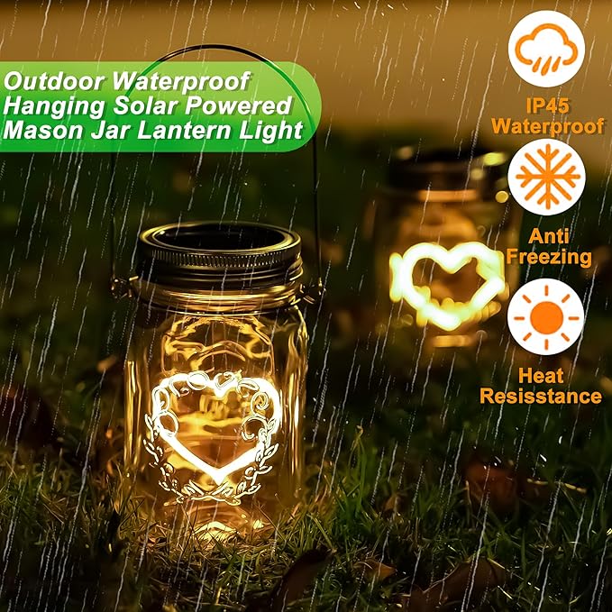 Halloween Christmas Projector Lights, Hanging Solar Mason Jar Lights, 4 Pack Heart Shape Lights, Solar Lanterns Outdoor Waterproof, Hangers and Jars Included,Home Patio Party Garden Patio Decor