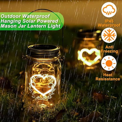 Halloween Christmas Projector Lights, Hanging Solar Mason Jar Lights, 4 Pack Heart Shape Lights, Solar Lanterns Outdoor Waterproof, Hangers and Jars Included,Home Patio Party Garden Patio Decor