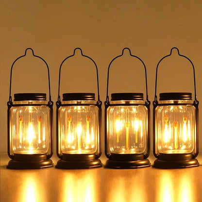 Solar Mason Jar Meteor Light Lanterns, Falling Raindrops Warm White LED Lights Build-in Mason Jar, Outdoor Decorative Waterproof with Stakes for Patio, Yard, Lawn, Tree (Vintage Lanterns, 4)