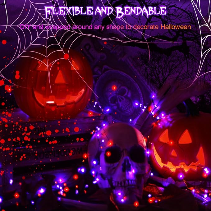 echosari 2 Pack Halloween Fairy Lights Battery Operated, 200 LED 66Ft Auto Timer Silver Wire Starry String Lights 8 Modes for Outdoor Garden Yard Fence Decor (Purple & Orange)