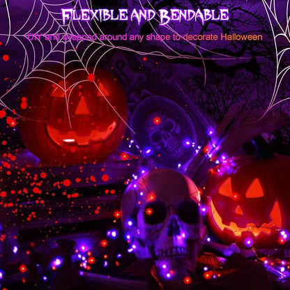 echosari 2 Pack Halloween Fairy Lights Battery Operated, 200 LED 66Ft Auto Timer Silver Wire Starry String Lights 8 Modes for Outdoor Garden Yard Fence Decor (Purple & Orange)