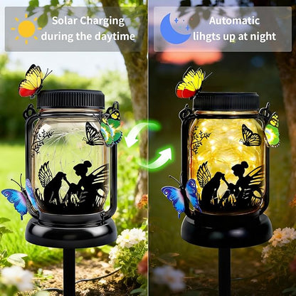 Dog Solar Lanterns Outdoor Garden Solar Dog Lights Dog & Cat Lover Gifts for Women Mom Grandma, Butterfly Fairy Lights Waterproof Hanging Mason Jar Lamps (Fairy Dog Butterfly)
