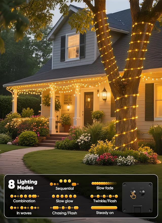 Brightown Solar Rope Lights, 39FT 100LED Outdoor Solar String Lights, IP65 Waterproof Solar Powered Fairy Lights with 8 Lighting Modes for Party Garden Yard Home Holiday Tree Decoration, Warm White