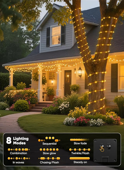 Brightown Solar Rope Lights, 39FT 100LED Outdoor Solar String Lights, IP65 Waterproof Solar Powered Fairy Lights with 8 Lighting Modes for Party Garden Yard Home Holiday Tree Decoration, Warm White