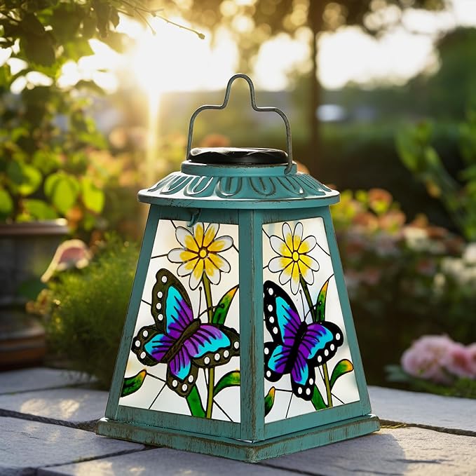 Butterfly Solar Lantern with Shepherd Hook, Outdoor Hanging Metal LED Garden Light Waterproof for Patio Yard Pathway, Butterfly Lantern Decor and Christmas Holiday Gift for Mom Grandma Women