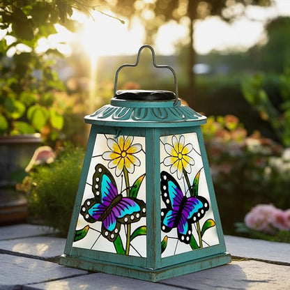Butterfly Solar Lantern with Shepherd Hook, Outdoor Hanging Metal LED Garden Light Waterproof for Patio Yard Pathway, Butterfly Lantern Decor and Christmas Holiday Gift for Mom Grandma Women