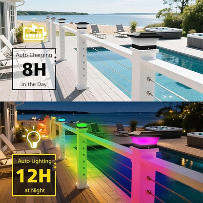 T-SUN 4X4 Post Solar Lights, Outdoor Waterproof RGB Color Changing Light for 4X4 5X5 6X6 Wood/Vinyl/Fence Posts, Deck, Solar Post Lights for Patio Garden Decor or Fence(6 Pack)