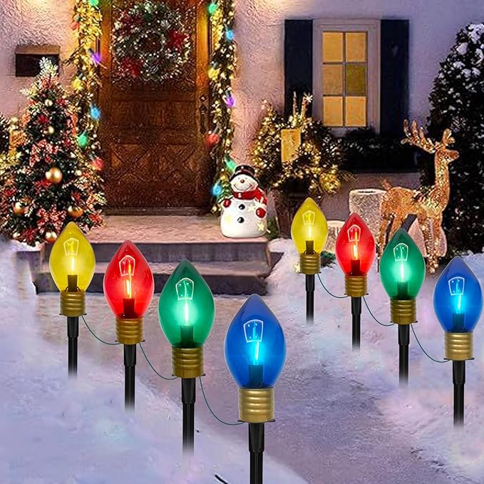 Jumbo C9 Christmas Pathway Lights Outdoor, 2 Pack 7Ft Christmas Decorations String Lights with 8 LED Jumbo Multicolor Bulb Marker Stakes Lights for Outdoor Walkway Lawn Yard Garden