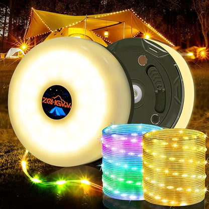 2-Pack Camping String Lights, 4-in-1 Quick-Closing, 32.8-Foot Rechargeable Tent Lights, 8 Lighting Modes, Portable LED Lights, Christmas Fairy Lights Party Decorations Camping Essentials