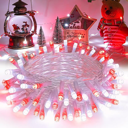 Red and White Christmas Lights Outdoor Battery Operated, Chrristmas String Lights with Timer Waterproof Clear Wire for Indoor & Outdoor Christmas Decorations Garland Party Garden