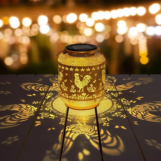 Chicken Solar Lanterns Outdoor Waterproof, Rooster Birthday Gifts for Women Mom Grandma, Metal Solar Lanterns Decorative Outdoor LED Lights for Garden Yard Patio Porch Decor