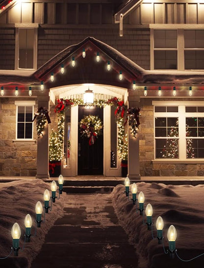 Christmas Pathway Lights Outdoor, 38Ft Outdoor Xmas Decorations String Lights with 25 C9 Warm White Christmas Pathway Stakes Lights for Walkway Yard Lawn Sidewalk Driveway Garden