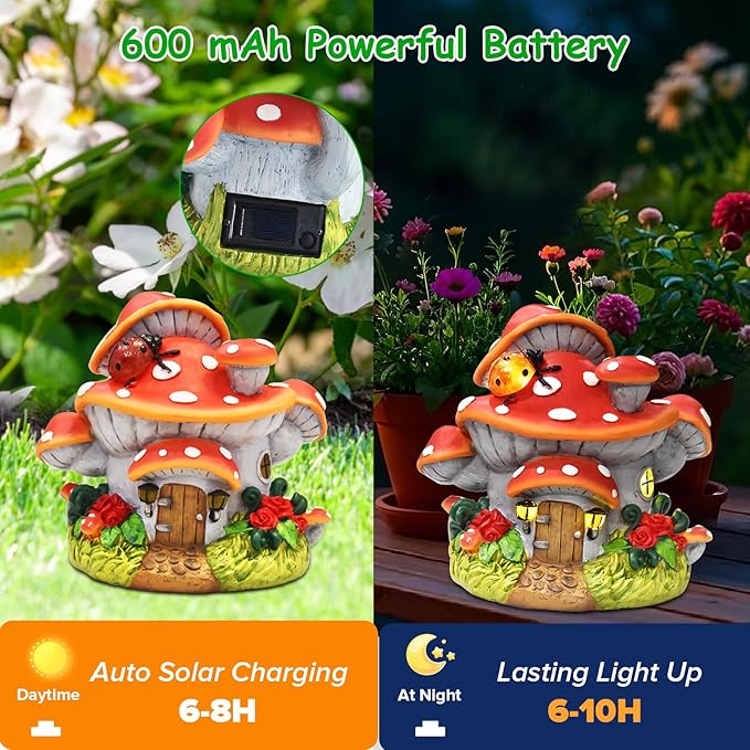 WINTS Solar Mushroom House Statue, Outdoor Whimsical Garden Figurines with Solar Lights, Mushroom Garden Statue Decoration for Fairy House, Outside Lawn Yard Patio, Gifts for Mom