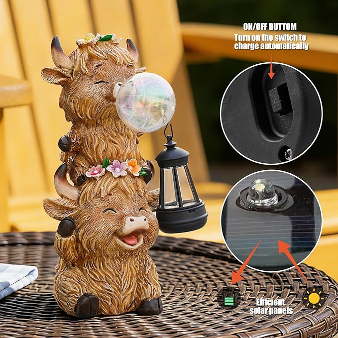 Solar Highland Cow Garden Statue with LED Lights, Cute Resin Outdoor Decor with Glowing Lantern & Light-Up Bubble, Waterproof Solar Yard Ornament for Lawn, Patio & Garden (Brown Cow)