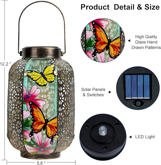 Solar Butterflies Lantern Outdoor Hanging Garden Decor – Waterproof Metal & Stained Glass Light with Handle Decorative Retro Yard Art for Patio, Porch, Table, Pathway – Gardening Gift for Mom & Women